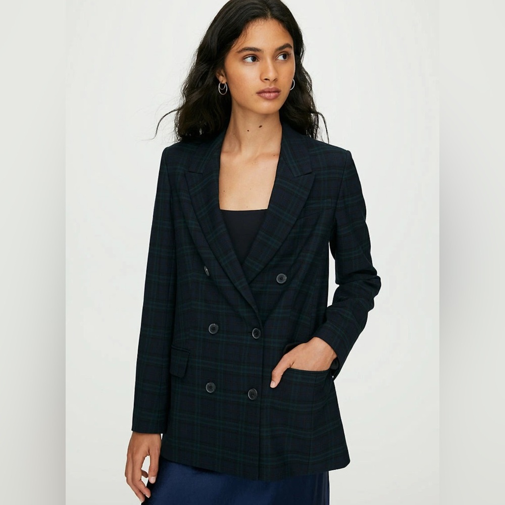 Aritzia Babaton Samuel Double Breasted Navy Everest Green Plaid Blazer Size 6
